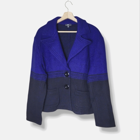 Lisa International Boiled Wool Blazer Jacket XL | Colorblock Blue Black 2-Button - Picture 1 of 8